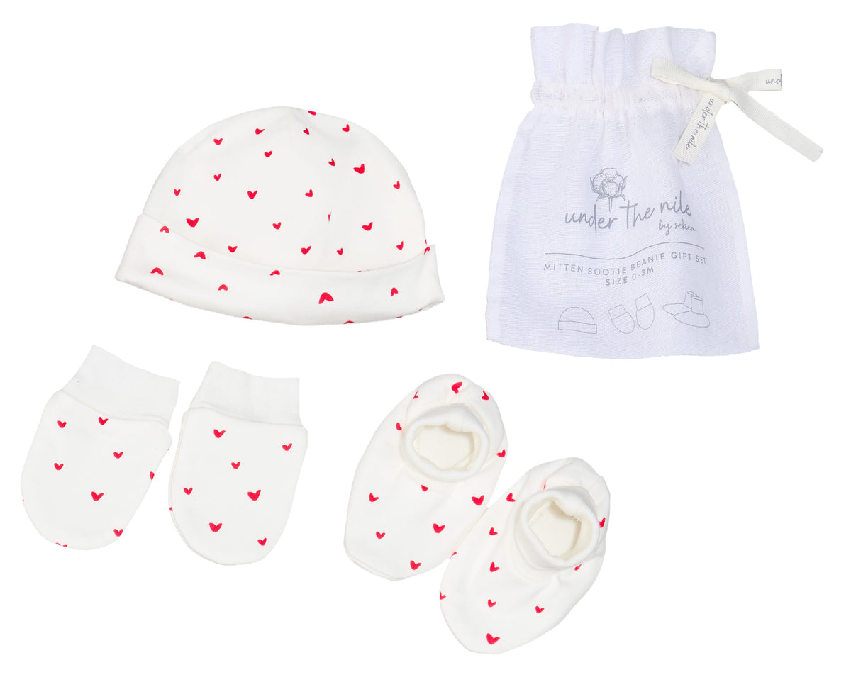 Mittens, Booties & Beanie Set – Red Hearts