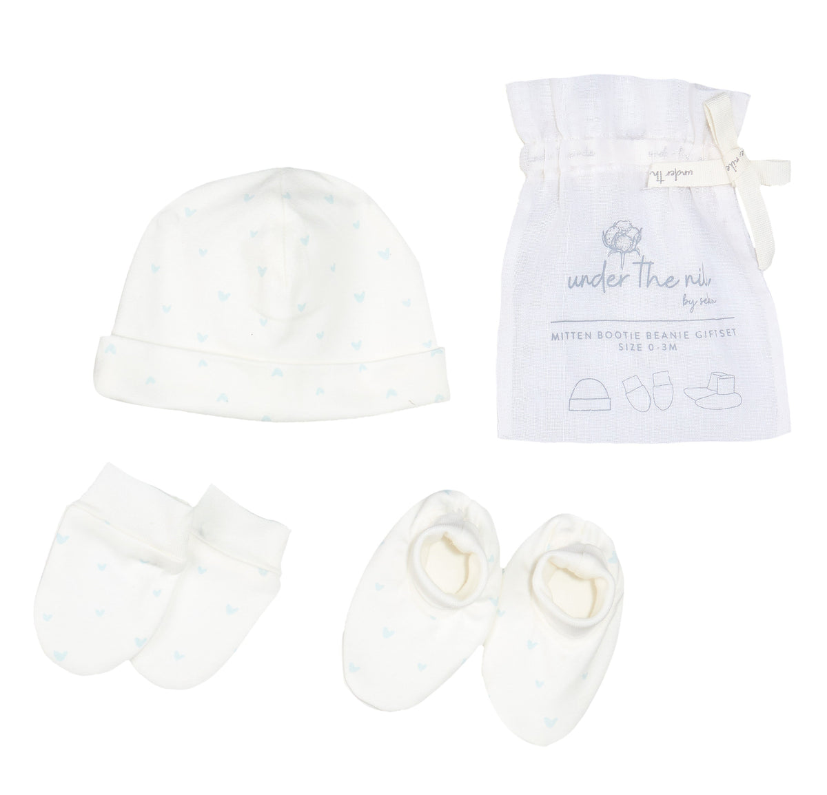 Mittens, Booties & Beanie Set – Blue Hearts
